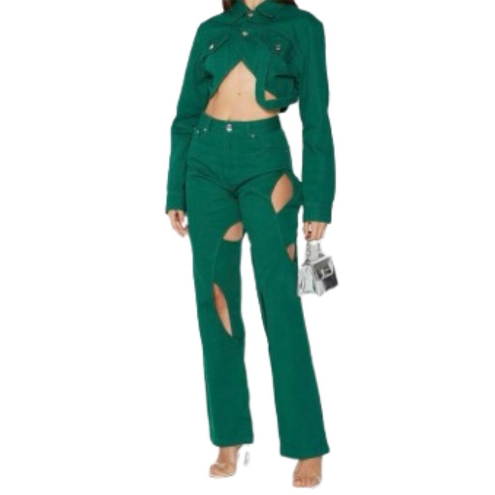 Maniere De Voir Green Denim Cutout Jacket and Jeans Set Size 2/4